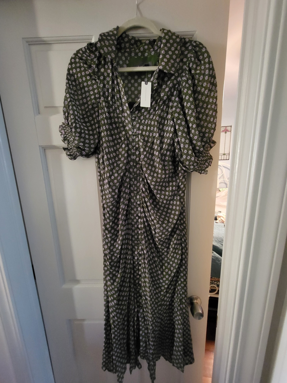 Anthropologie Olive Green Printed Midi Dress with Puff Sleeves